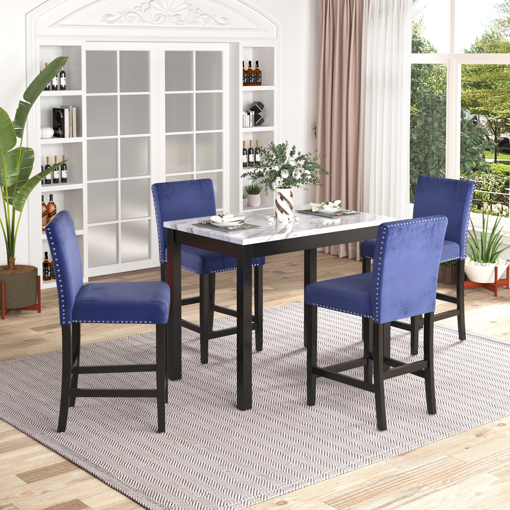 5 Piece Counter Height Dining Table Set with 4 Upholstered Dining Chairs Faux Marble White Table Blue Chairs
